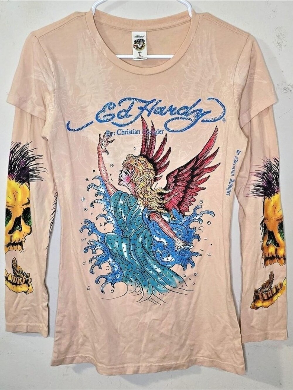 Vintage Ed Hardy Christian Audigier Women's L Angel Rhinestone Long Sleeve Shirt